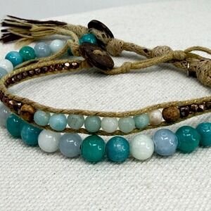 Lotus and Luna Beaded Bracelet Set Stone Earth Tones Adjustable Boho Natural